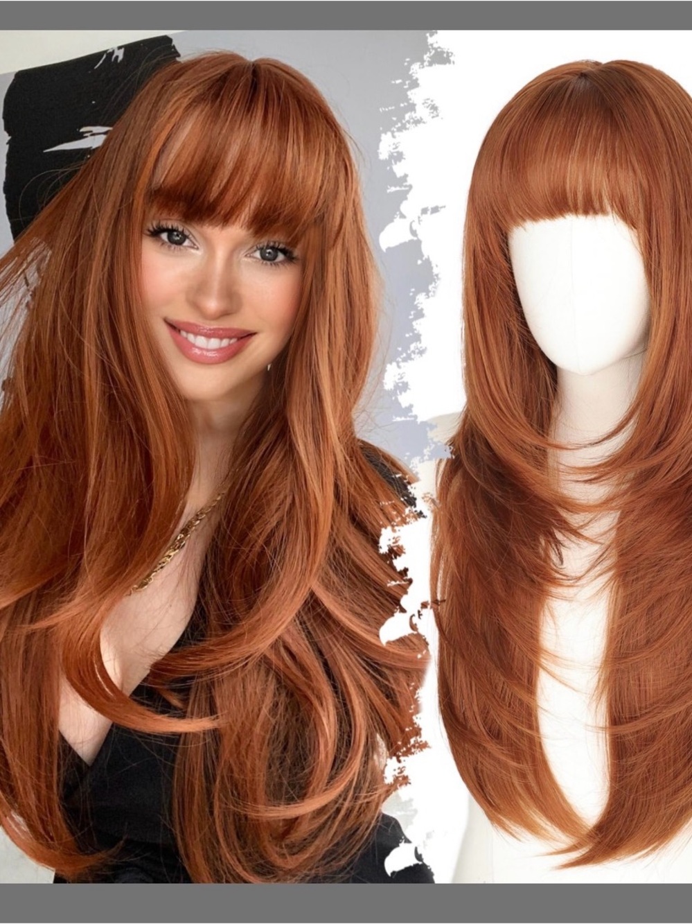 Eawwii Long Ginger Wig W/ Bangs,4x4 Realistic Scalp, Layered Synthetic 26”